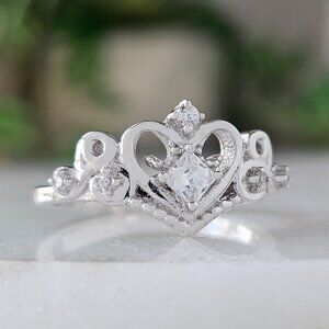 Heart Crown Tiara Ring - 925 Sterling Silver Charmed Aroma